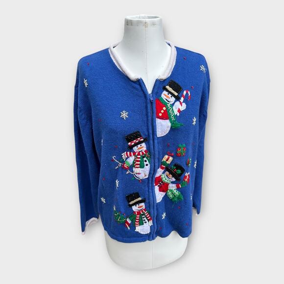 VTG Heirloom Collectibles Snowman Christmas Cardigan Sweater Blue Women's Large - Picture 12 of 12